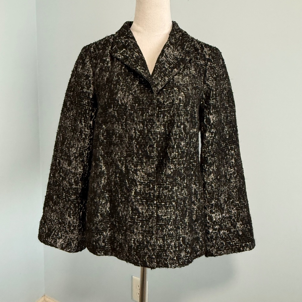 Eileen Fisher Women’s Metallic Jacquard Blazer Jacket Black Silver Size M